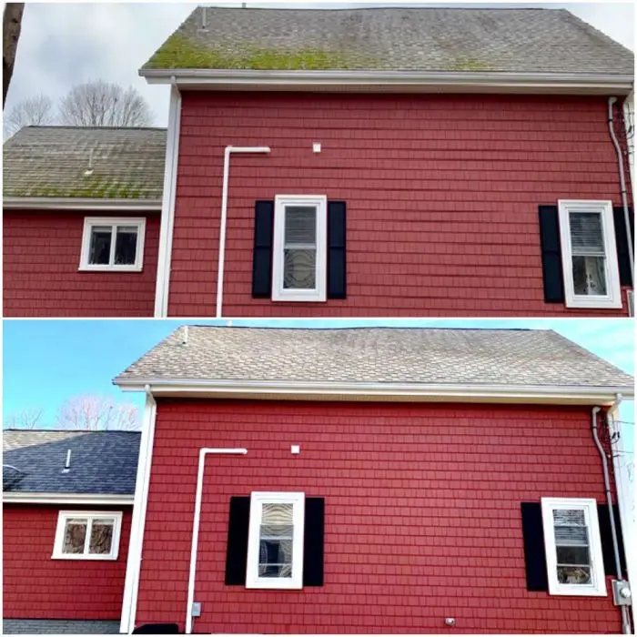 A photo of a Liberty Painting project before and after to show how effective power-washing can be at cleaning the moss and other dirt off the exterior of a red house.