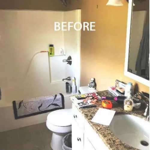 A before photo showing an outdated bathroom with People magazine by the toilet.