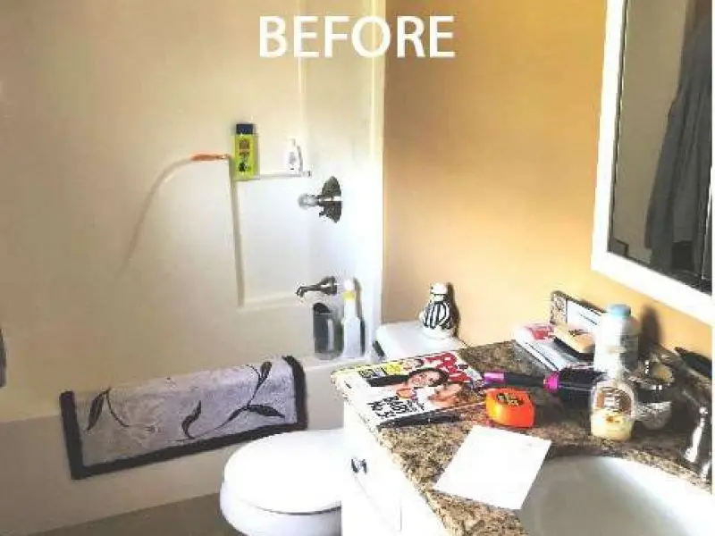 A before photo showing an outdated bathroom with People magazine by the toilet.