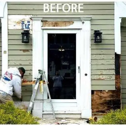 A before photo of a carpentry project by Liberty Painting to repair a rotted front door.