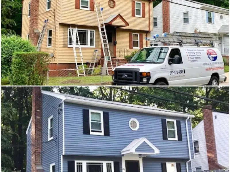 Two photos showing the before and after of a Liberty Painting project updating the siding of a home in Mattapan.