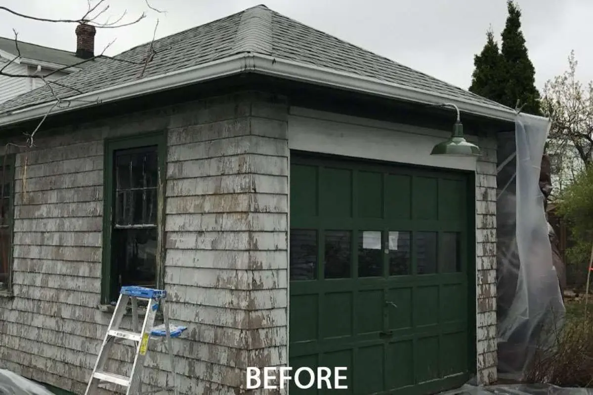 A before of a Quincy Garage and the damaged exterior.