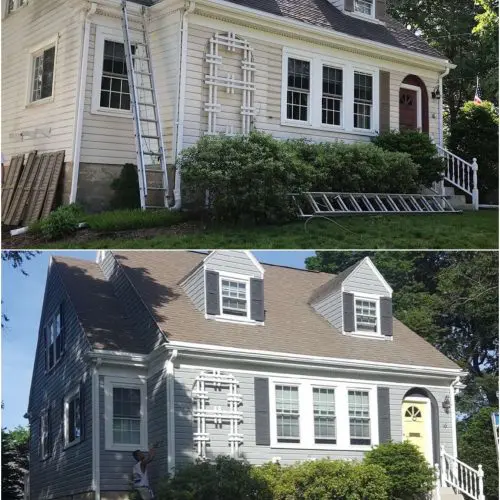 A before and after photo of a home exterior updated by Liberty Painting.