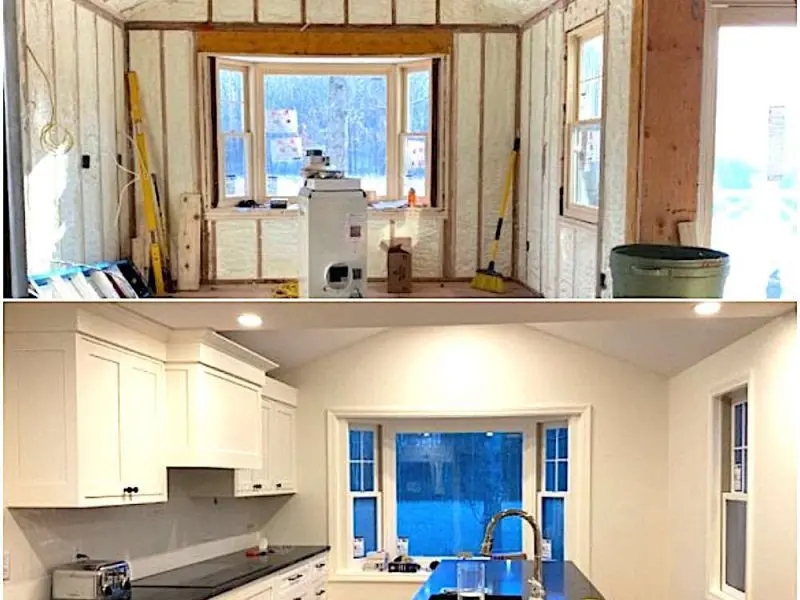A photo of the before and after of kitchen remodel in Hingham.