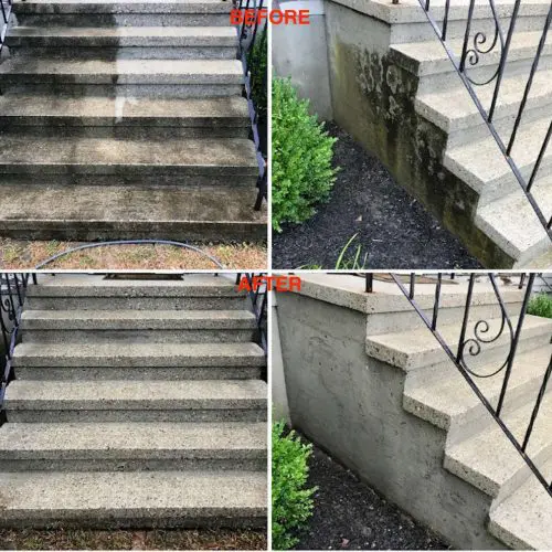 A before and after of a cement staircase effectively being cleaned with power-washing by Liberty Painting.