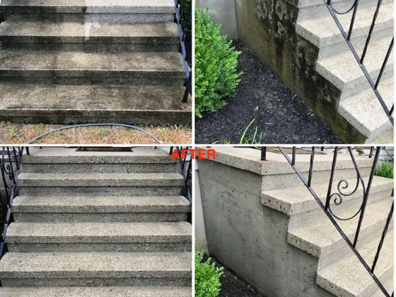A before and after of a cement staircase effectively being cleaned with power-washing by Liberty Painting.