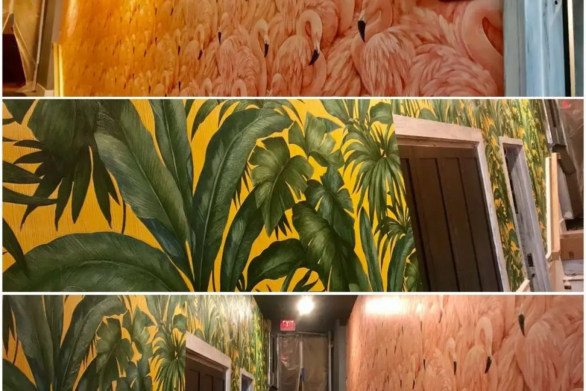 A photo of expertly applied tropical and flamingo patterned wallpaper by Liberty Painting.