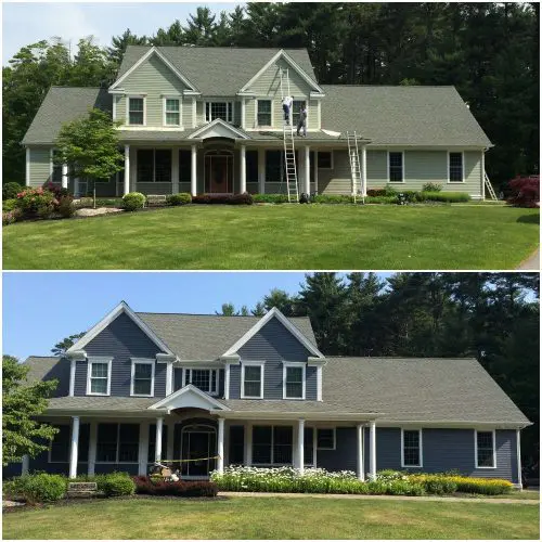 A before and after photo of a large colonial house professionally painted blue with white accents, painted by Liberty Painting and Siding.