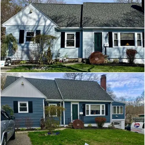 Before and after photos of a home in Whitman that had its exterior updated and repainted.