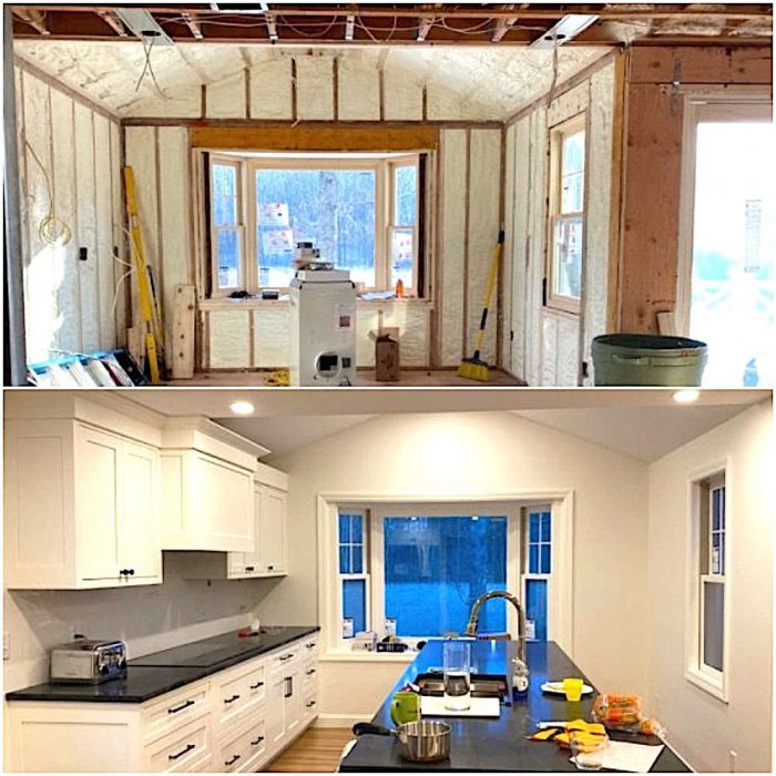 A photo of the before and after of kitchen remodel in Hingham.