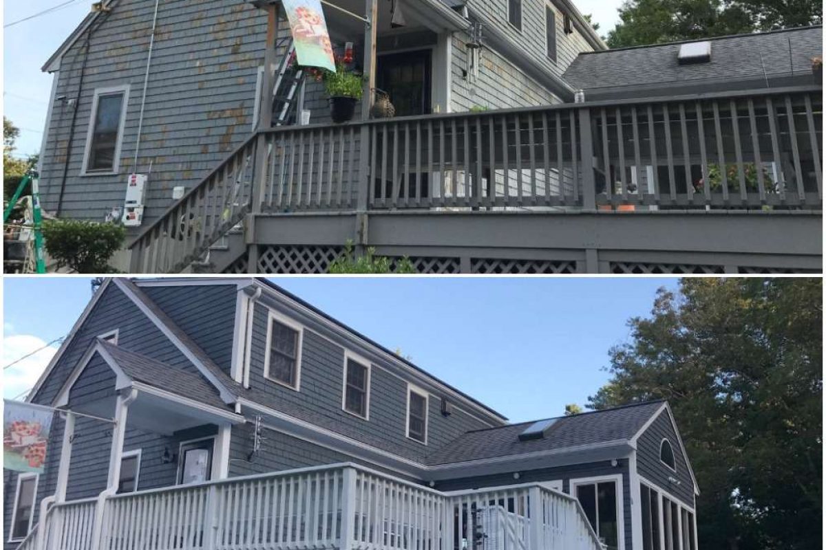 A before and after of a Liberty Painting project to update a second floor deck.