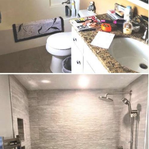 A collage of four photos showing a full bath remodel in a home by Liberty Painting.