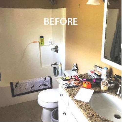 A before photo showing an outdated bathroom with People magazine by the toilet.