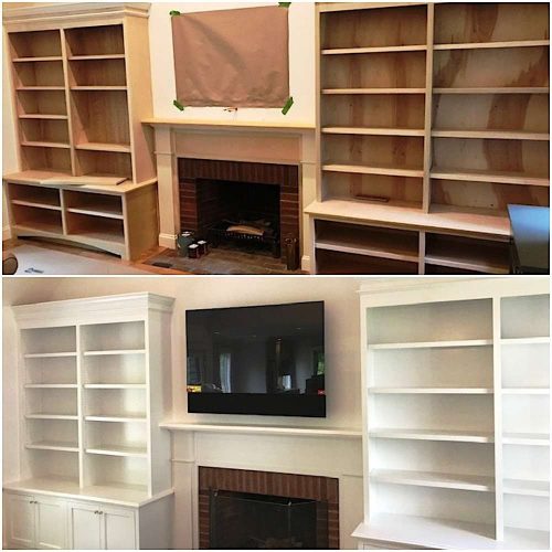 Two photos showing a custom cabinetry project in a living room in Cohasset by Liberty Painting. The first photo shows the raw wood being installed and the second photo shows the cabinetry completed and painted.