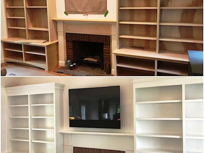 Two photos showing a custom cabinetry project in a living room in Cohasset by Liberty Painting. The first photo shows the raw wood being installed and the second photo shows the cabinetry completed and painted.