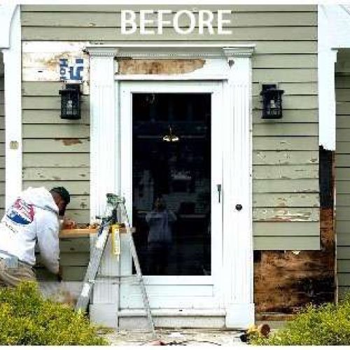 A before photo of a carpentry project by Liberty Painting to repair a rotted front door.