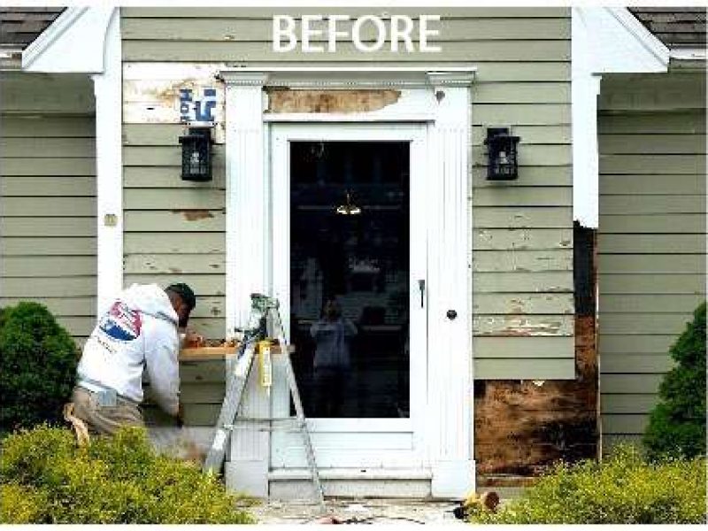 A before photo of a carpentry project by Liberty Painting to repair a rotted front door.