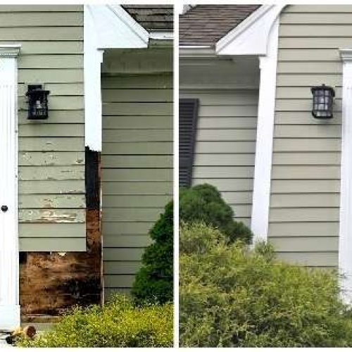 A before and after photo of a carpentry project by Liberty Painting to repair a rotted front door.