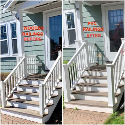 Two photos showing the original wooden railings before and then the finished installation of a PVC Railing system by Liberty Painting after.