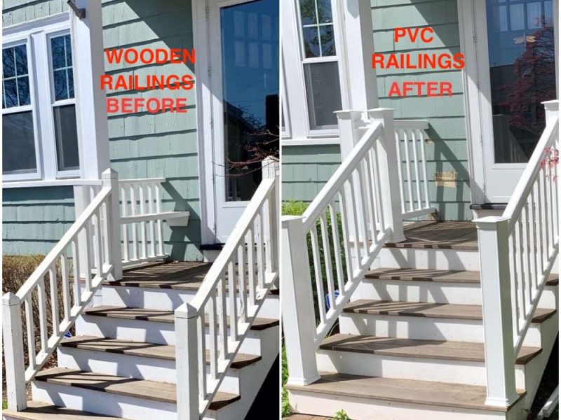 Two photos showing the original wooden railings before and then the finished installation of a PVC Railing system by Liberty Painting after.