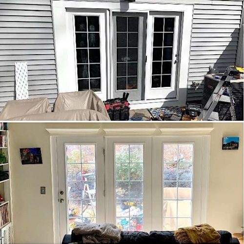 Three photo collage of a project installing a triple pane door in a home in Norwood.