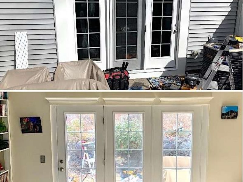 Three photo collage of a project installing a triple pane door in a home in Norwood.