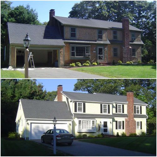 A before and after photo of a home in Duxbury that had its exterior painted to a pleasant light yellow.