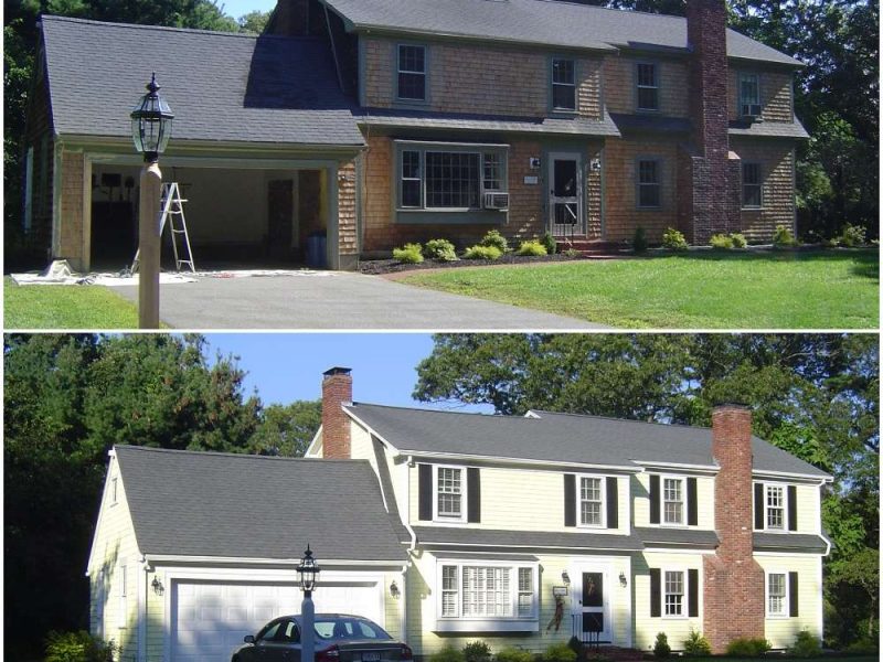 A before and after photo of a home in Duxbury that had its exterior painted to a pleasant light yellow.