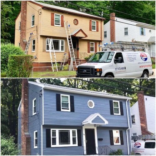 Two photos showing the before and after of a Liberty Painting project updating the siding of a home in Mattapan.