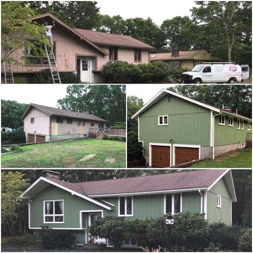 A before and after photo of a home exterior updated by Liberty Painting. The home was a muted beige color, and now the siding is fixed and painted a warm, complimentary sage.