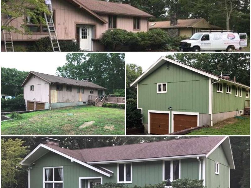 A before and after photo of a home exterior updated by Liberty Painting. The home was a muted beige color, and now the siding is fixed and painted a warm, complimentary sage.