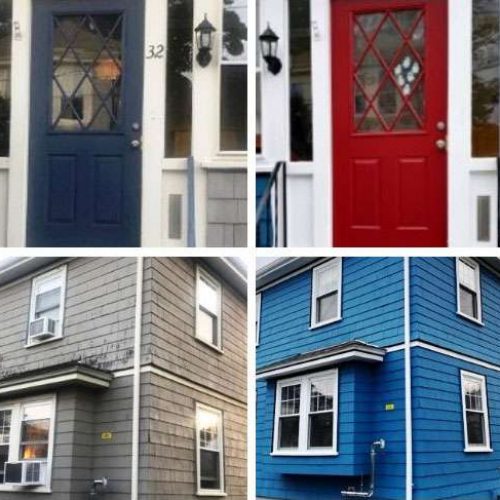 A before and after photo of a home exterior updated by Liberty Painting. The home was worn and grey, and now the siding is fixed, a gorgeous blue color, and to top it off the front door of this Quincy home was painted a cherry red.