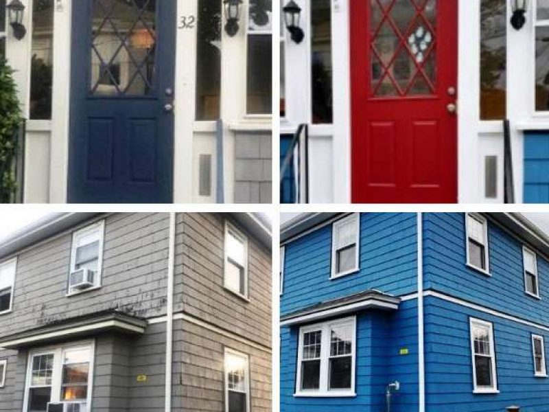 A before and after photo of a home exterior updated by Liberty Painting. The home was worn and grey, and now the siding is fixed, a gorgeous blue color, and to top it off the front door of this Quincy home was painted a cherry red.