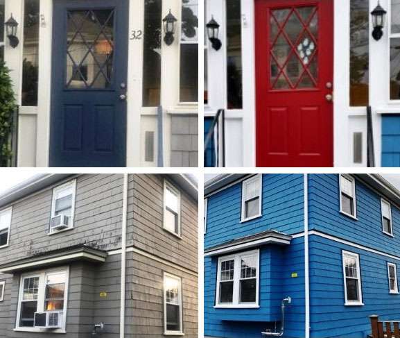 A before and after photo of a home exterior updated by Liberty Painting. The home was worn and grey, and now the siding is fixed, a gorgeous blue color, and to top it off the front door of this Quincy home was painted a cherry red.