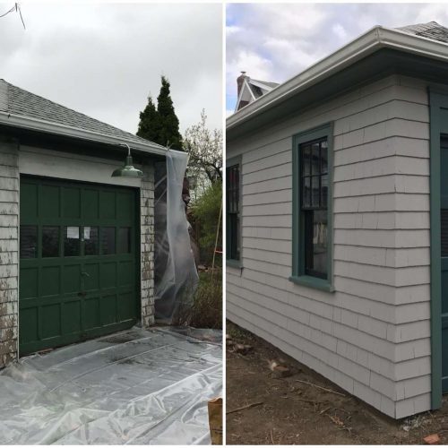 A before and after photo of a Quincy Garage and the much needed update it needed to its worn exterior.