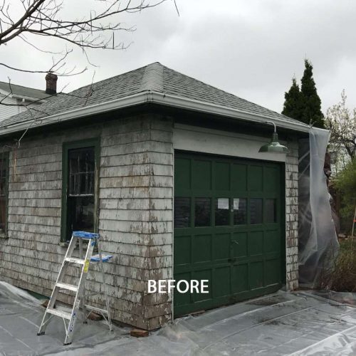 A before of a Quincy Garage and the damaged exterior.