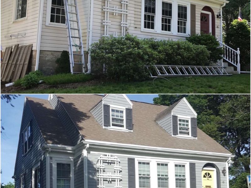 A before and after photo of a home exterior updated by Liberty Painting.