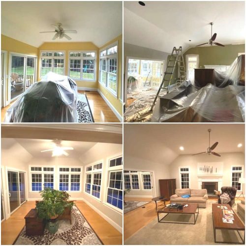 A collage of four photos showing the before and after of an interior painting project by Liberty Painting in a beautiful home in Hingham.