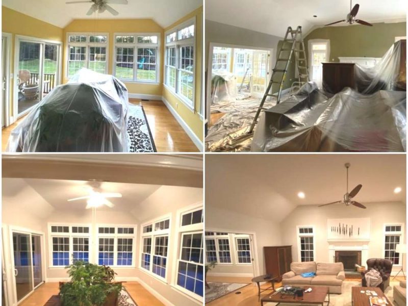 A collage of four photos showing the before and after of an interior painting project by Liberty Painting in a beautiful home in Hingham.