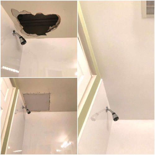 A before and after photo of a water damaged ceiling and the finished, repaired bathroom.