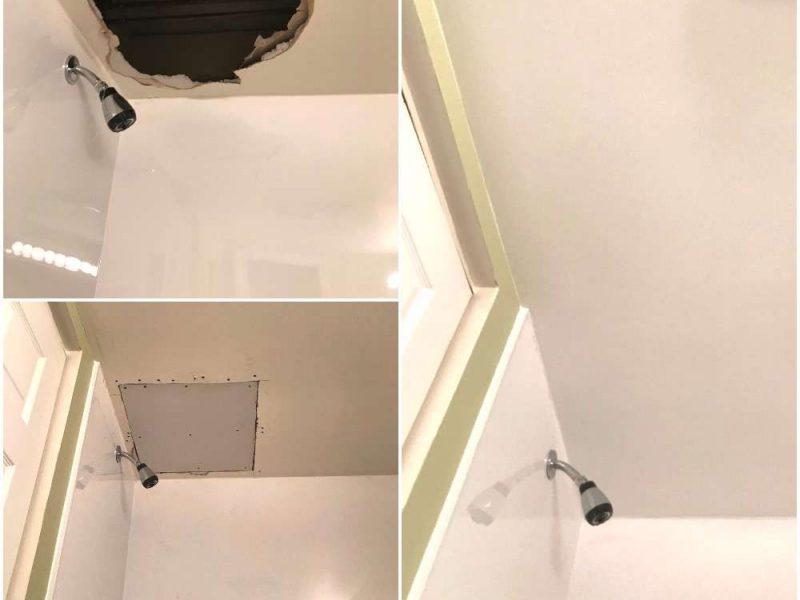 A before and after photo of a water damaged ceiling and the finished, repaired bathroom.