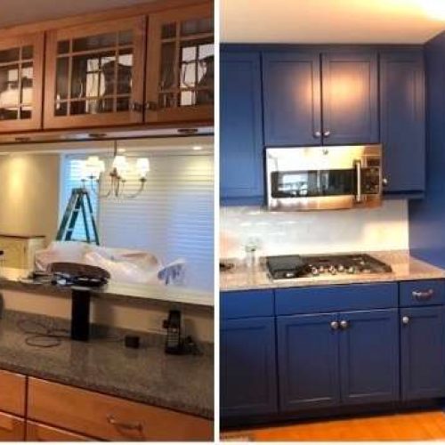 A before and after photo of a kitchen cabinet remodel in Milton, MA.