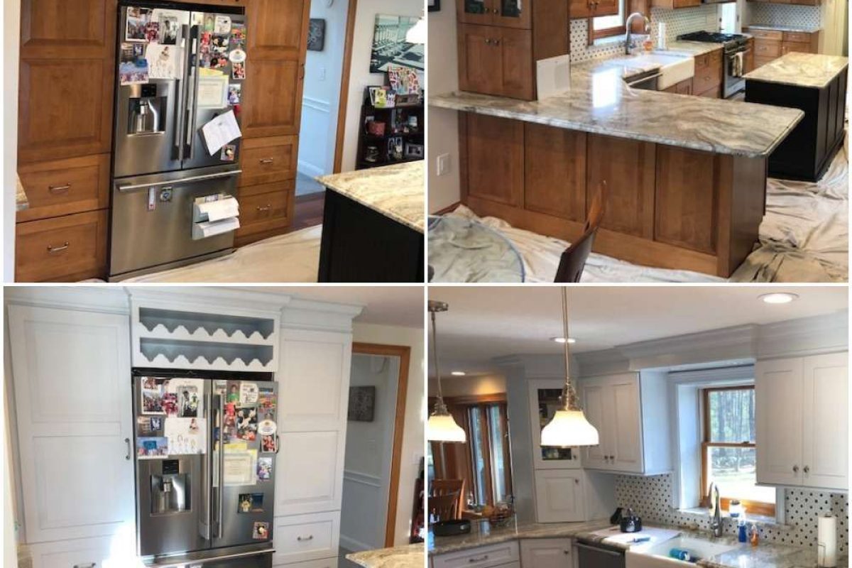 A before and after photo of a kitchen cabinet remodel in Pembroke, MA.