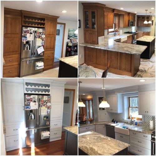 A before and after photo of a kitchen cabinet remodel in Pembroke, MA.