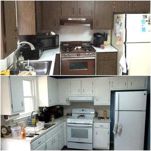 A before and after photo of a kitchen remodel.