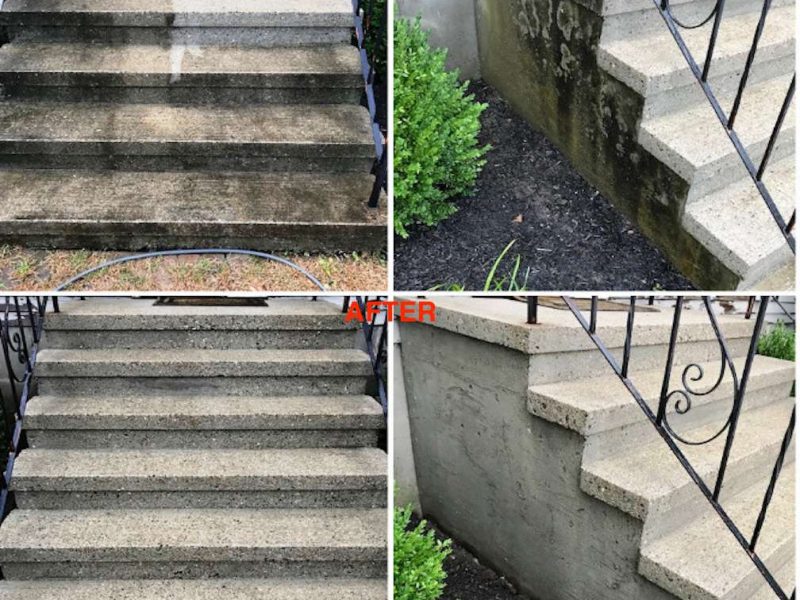 A before and after of a cement staircase effectively being cleaned with power-washing by Liberty Painting.