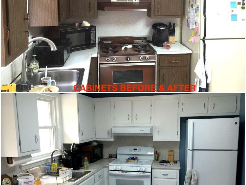 A before and after photo of a kitchen remodel.