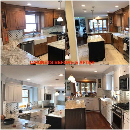 A before and after photo of a kitchen cabinet remodel in Pembroke, MA.