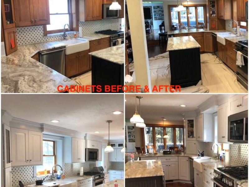 A before and after photo of a kitchen cabinet remodel in Pembroke, MA.