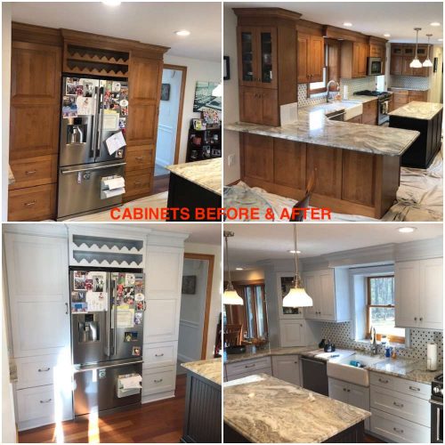 A before and after photo of a kitchen cabinet remodel in Pembroke, MA.